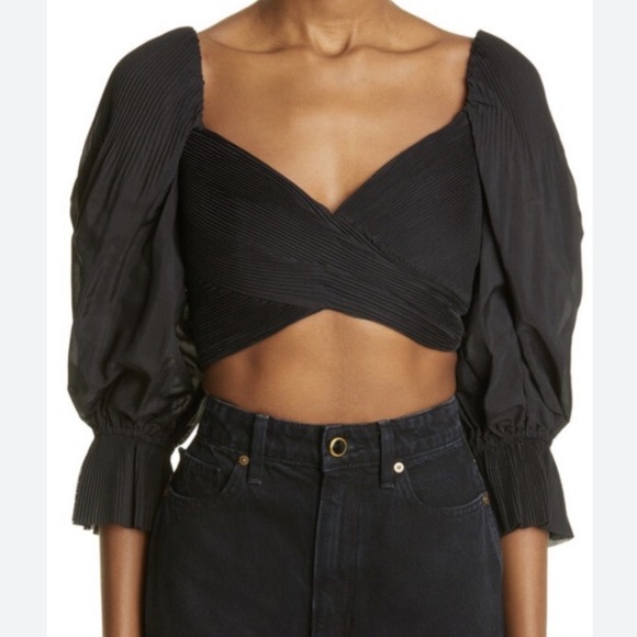 Zimmermann Pleated Bodice Crop Top Black Puff Sleeve Sweetheart Size 1- US 6
